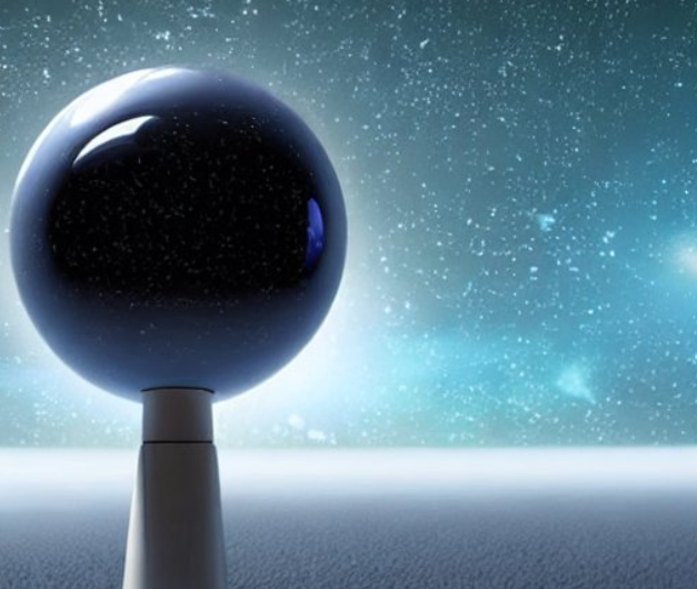 Black shining globe on a telescopic arm in front of the universe