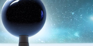Black shining globe on a telescopic arm in front of the universe