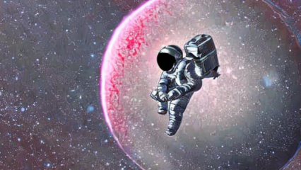 Ein schwebender Astronaut vor einem leicht rosa schimmernden Planeten im Weltall