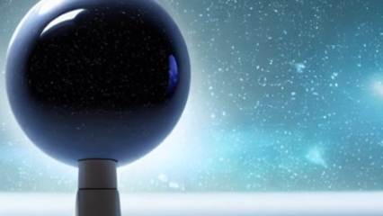 Black shining globe on a telescopic arm in front of the universe